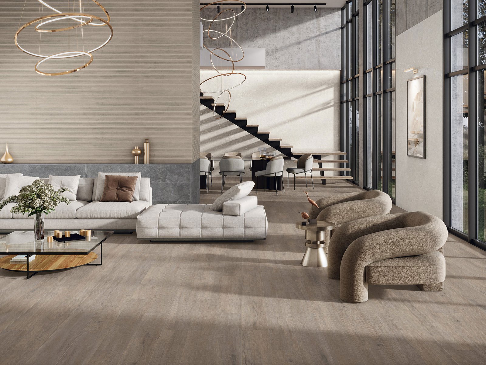 Pièce de vie contemporaine avec carrelage effet bois